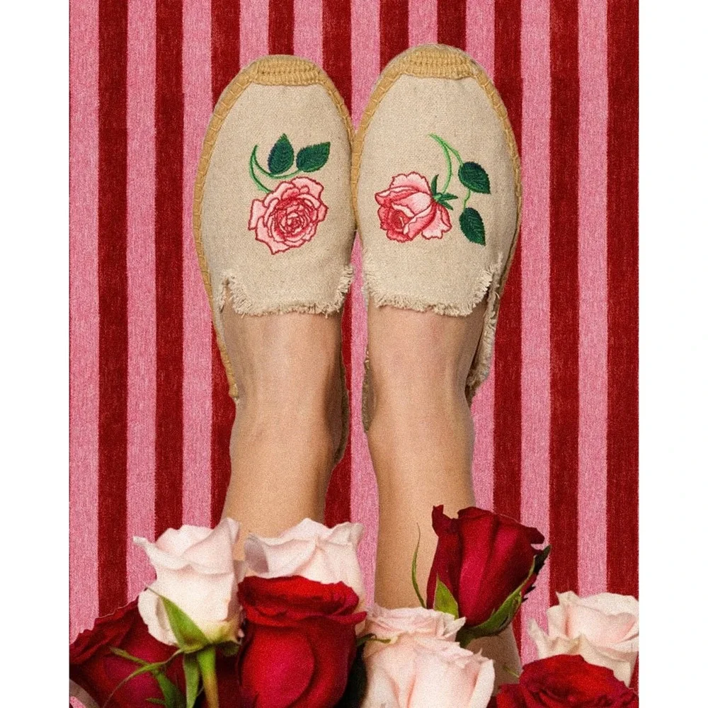Soludos Women 10/10.5 Smoking Mule‎ Espadrilles Rose Embroidered Natural Canvas